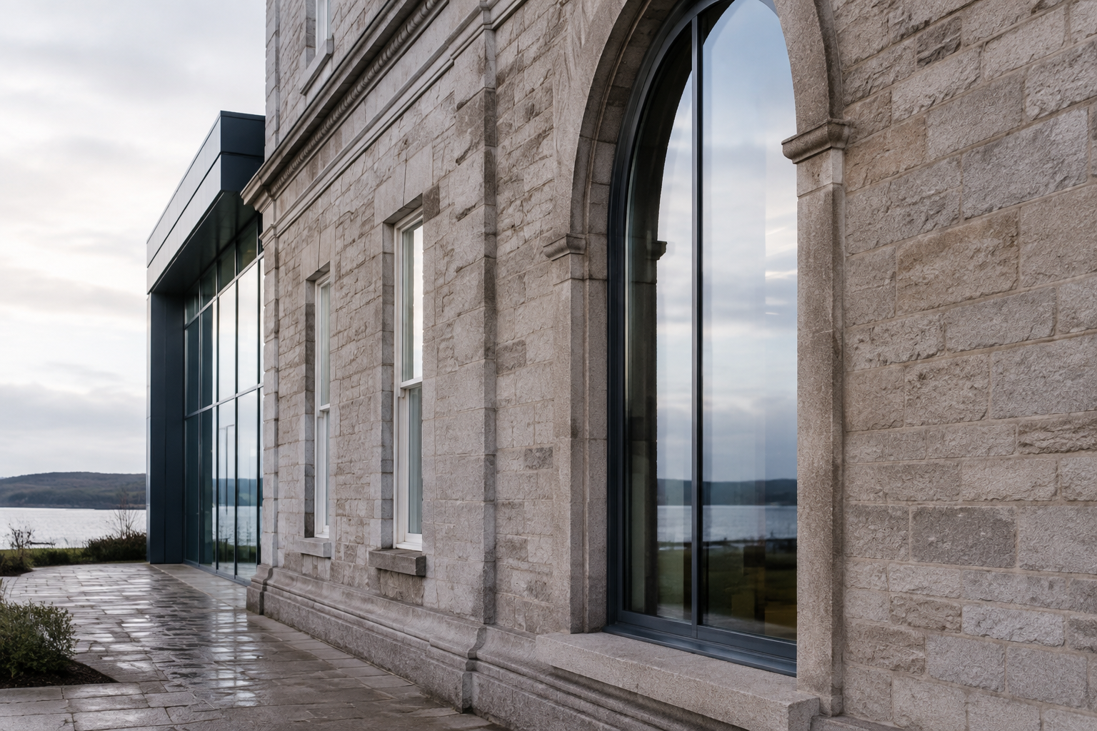Illustrative architectural detail combining Irish stonework with contemporary glazing